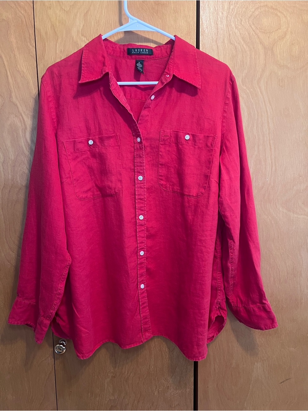 Ralph Lauren Women’s Red Linen Long-Sleeve Button-Down Shirt 1X